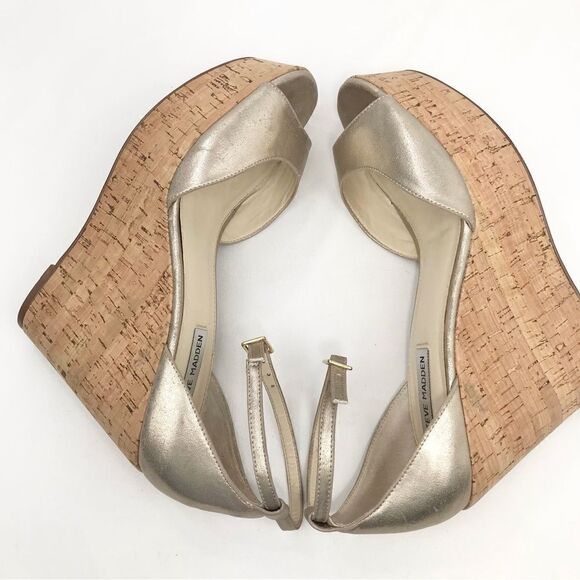 Steve Madden Metallic Gold Tone Cork Wedge Open Toe Sandals - Picture 5 of 15